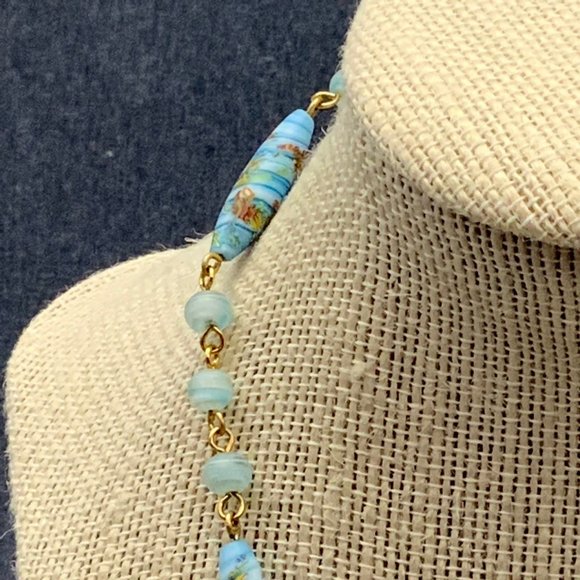 Gold Blue Millifleur Necklace Multicolor Swirled Flower - Picture 2 of 8